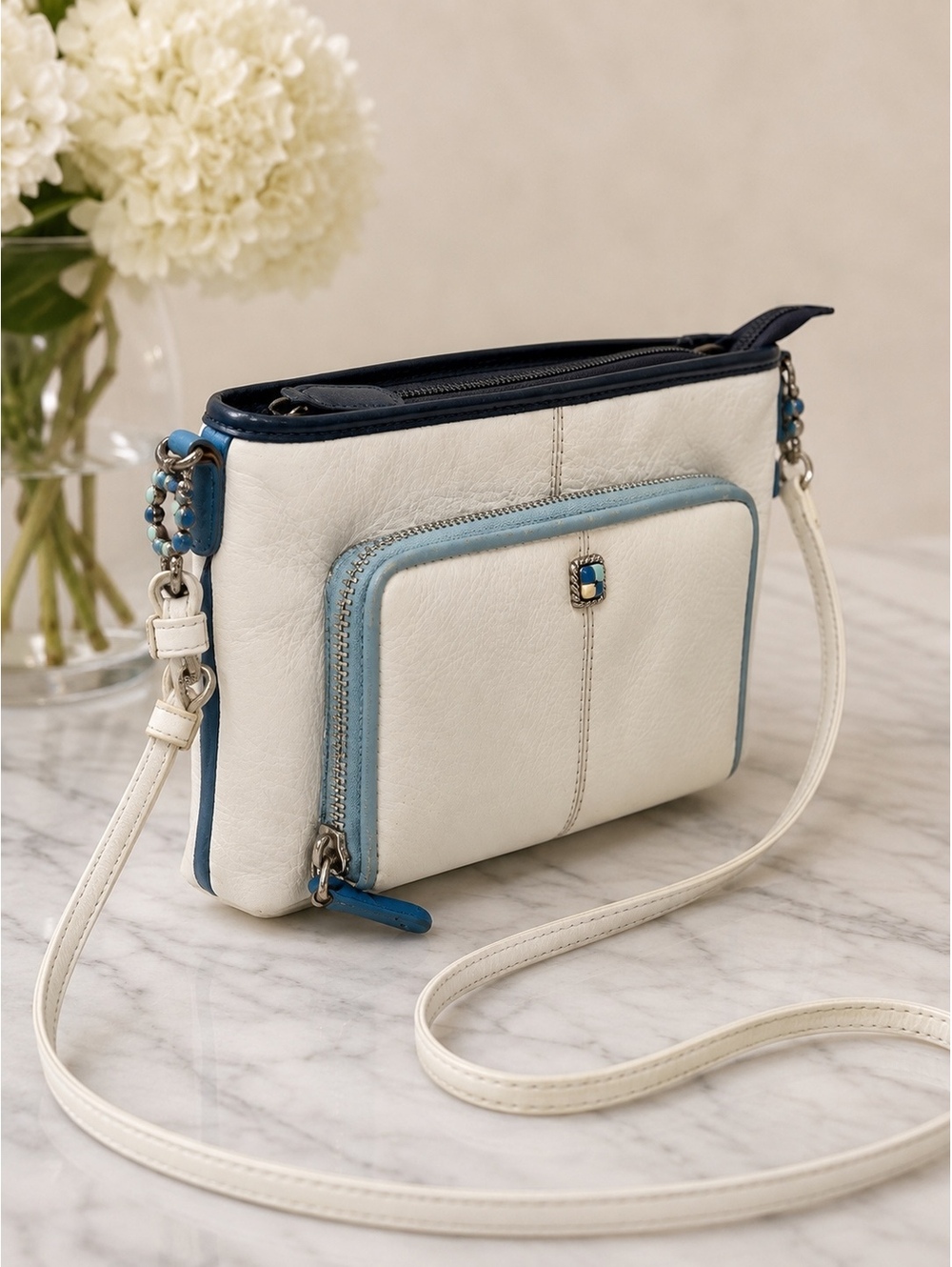 Brighton White & Blue Leather Crossbody Bag